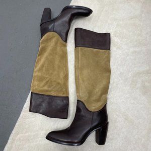 Jonak Brown Tan Leather & Suede Block Heel knee High Riding Boots Size 39 US 9